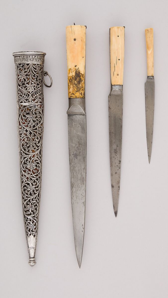 Three Knives with Sheath, Steel, ivory (elephant), silver, velvet, wood, Indian 