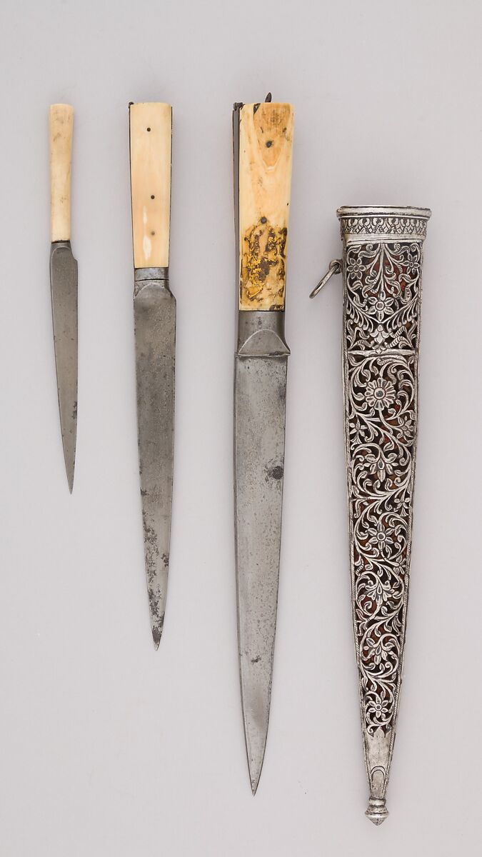 Three Knives with Sheath, Steel, ivory (elephant), silver, velvet, wood, Indian