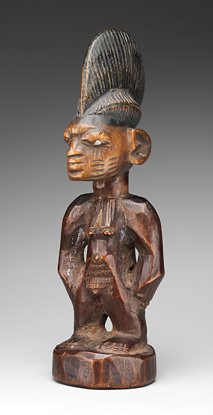 Twin Figure: Female (Ibeji), Yoruba artist, Wood, camwood powder, metal, pigment, Yoruba peoples