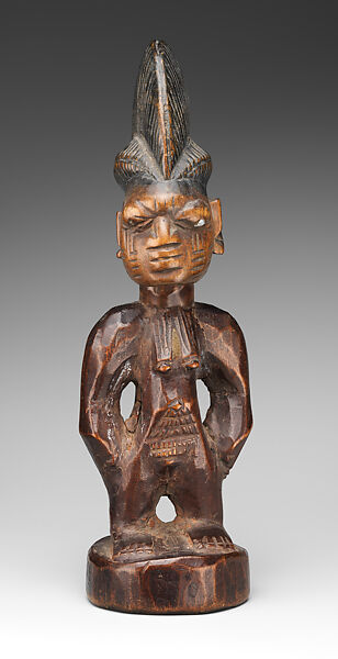 Twin Figure: Female (Ibeji), Wood, camwood powder, metal, pigment, Yoruba peoples 