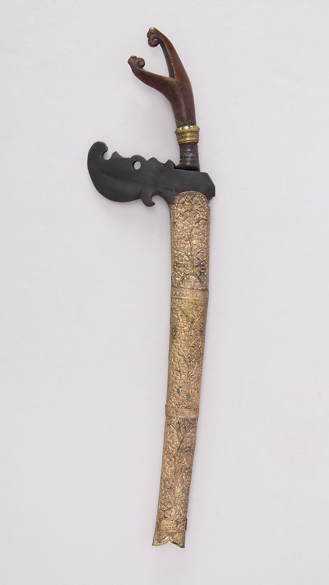 Knife (Bade-bade) with Sheath, Wood, brass, gold, metal, horn, Minangkabau