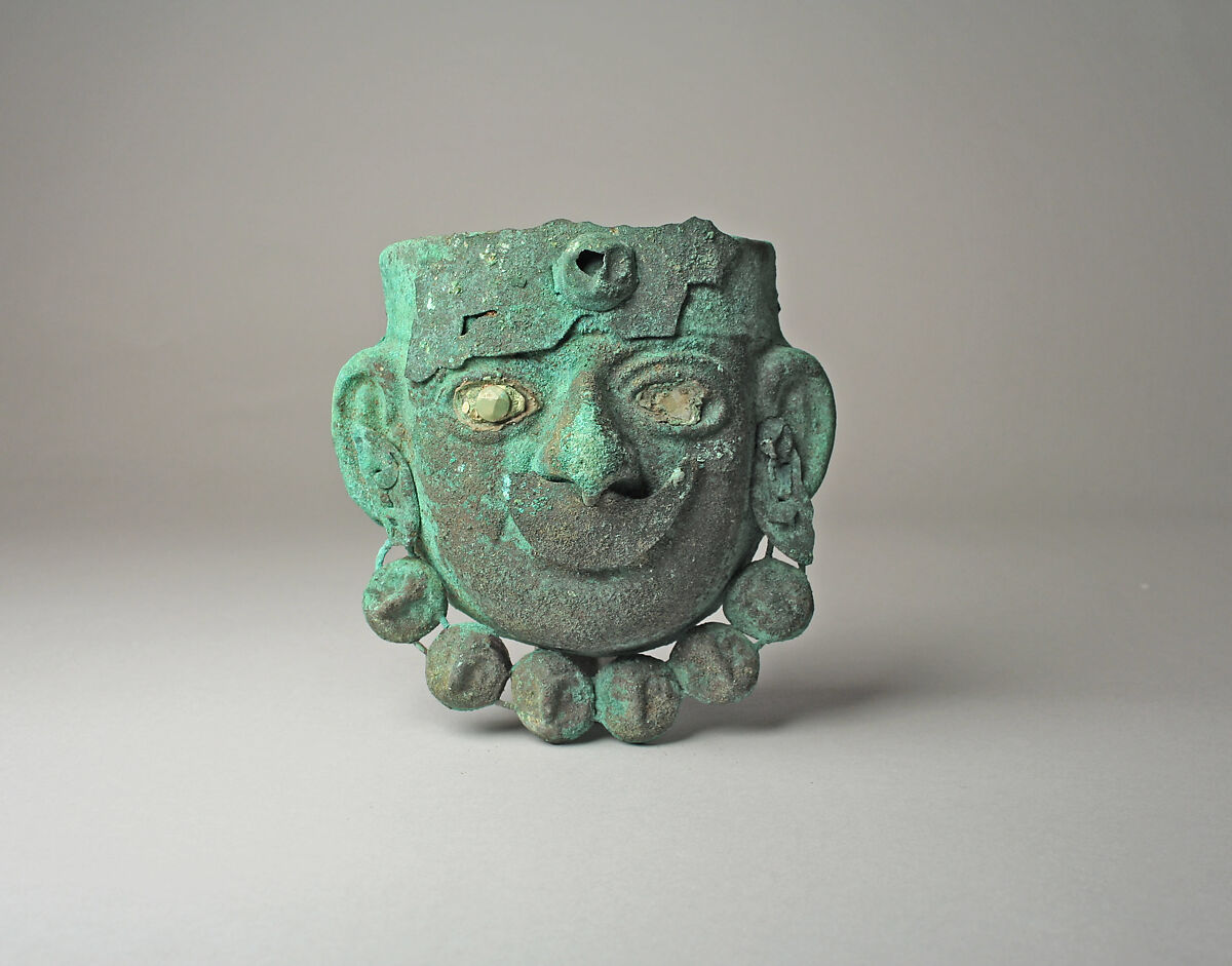 Face Mask Ornament, Silvered copper, shell, Moche 