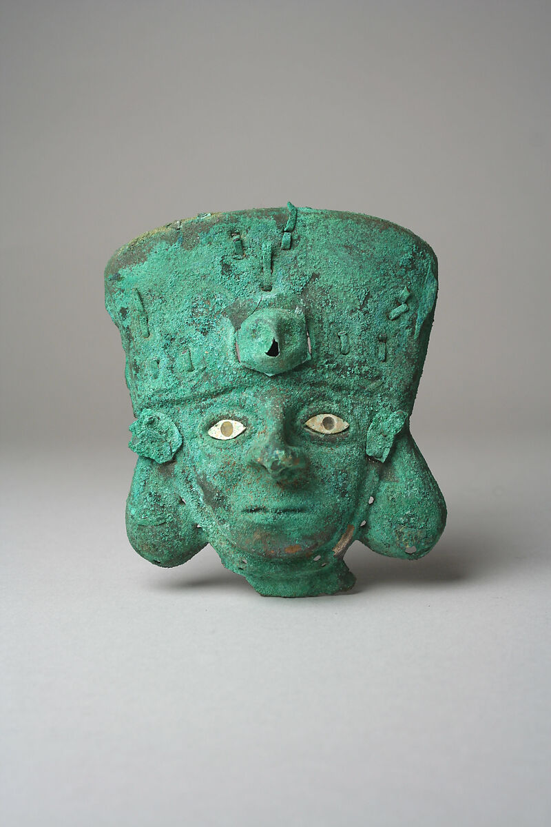 Face Mask Ornament, Gilded (?) copper, shell, Moche 