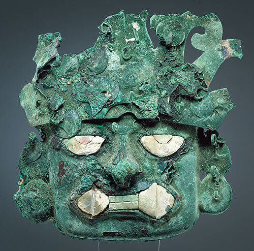 Ornamental mask, Silvered copper, shell, Moche