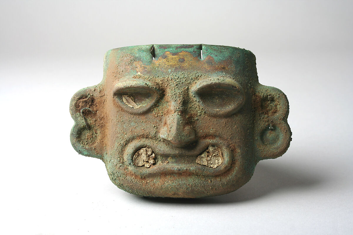 Face Mask Ornament, Gilded copper, shell, Moche 