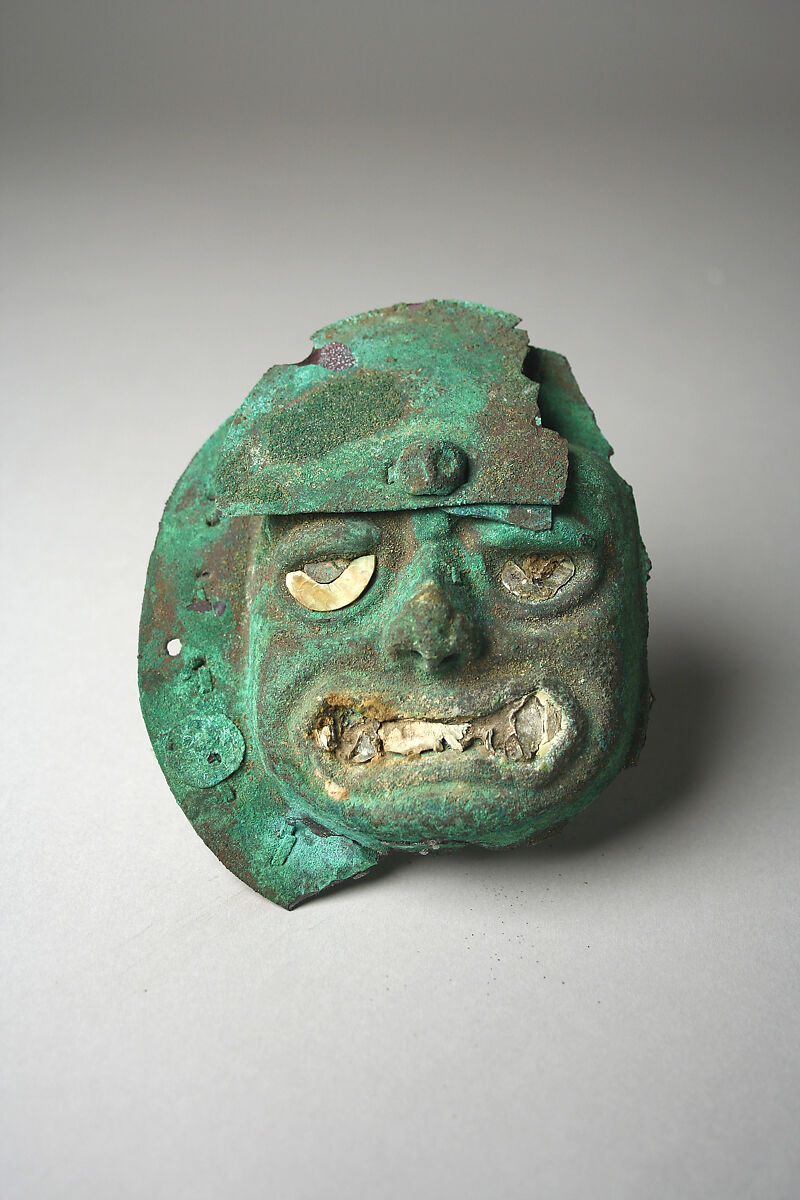 Face Mask Ornament, Silvered copper, shell, Moche 