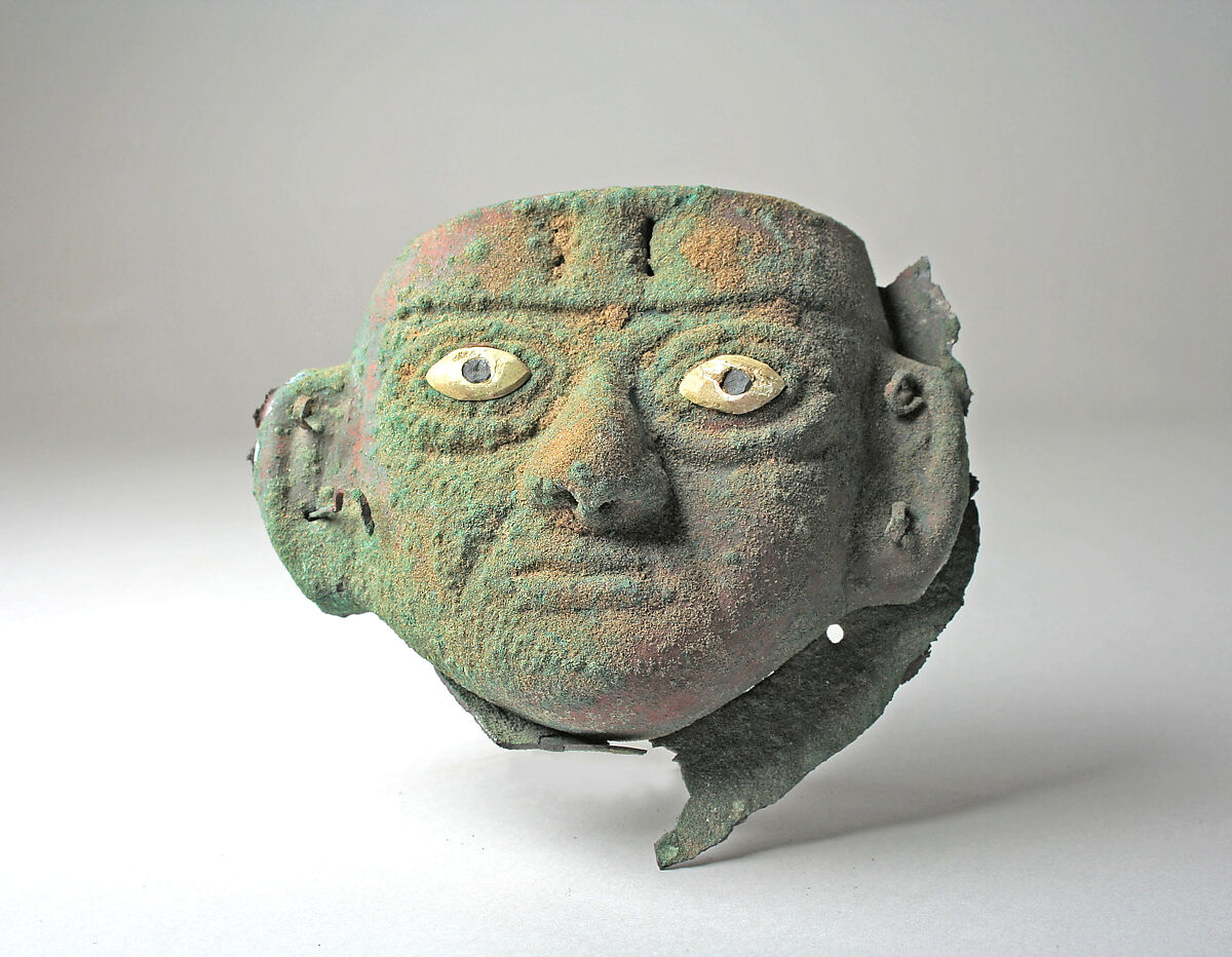 Face Mask Ornament, Gilded copper, shell, Moche 