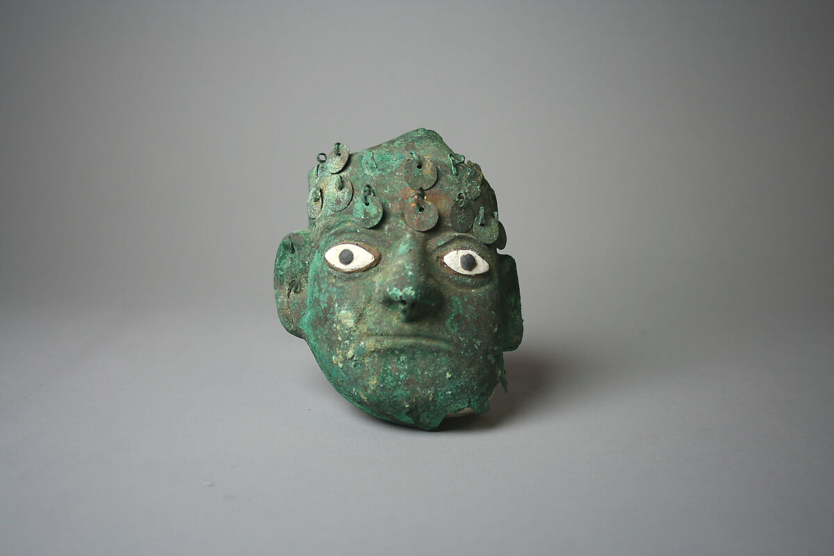 Face Mask Ornament, Silvered copper, shell, Moche 