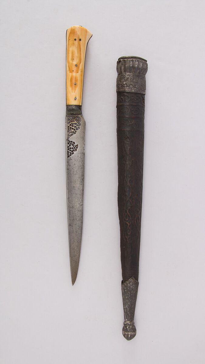 Knife (Kard) with Sheath, Steel, silver, ivory (elephant), leather, gold, wood, Indian