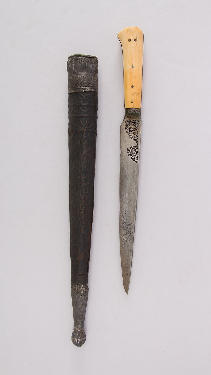 Knife (Kard) with Sheath, Steel, silver, ivory (elephant), leather, gold, wood, Indian 