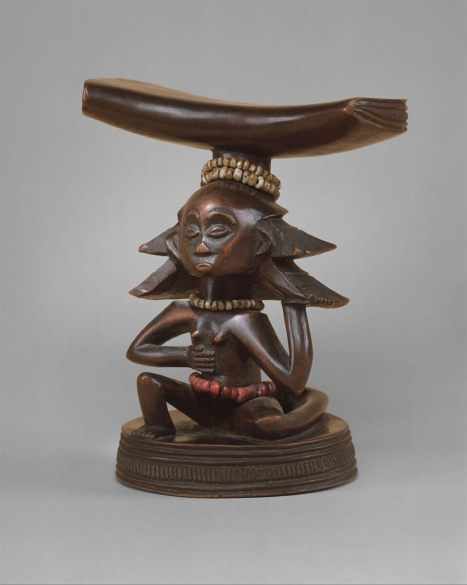 Headrest: Female Caryatid Figure, Master of the Cascade Coiffure, Wood, beads, plant fiber 