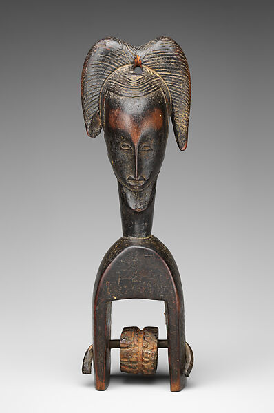 Heddle Pulley with Female Figure, Wood, copper alloy, nut (?), Guro 