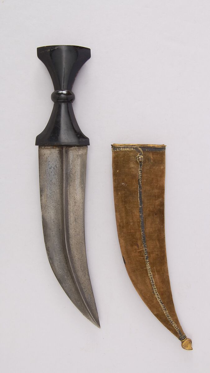 Dagger (Jambiya) with Sheath, Steel, horn, velvet, wood, copper, gold, South Indian 