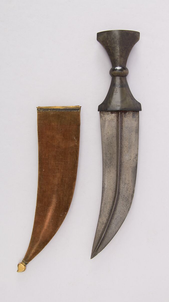 Dagger (Jambiya) with Sheath, Steel, horn, velvet, wood, copper, gold, South Indian