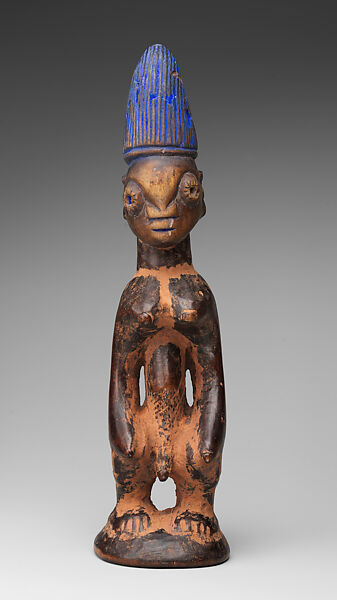 Twin Figure: Male (Ibeji), Wood, camwood powder, blueing, Yoruba peoples, Oyo group 