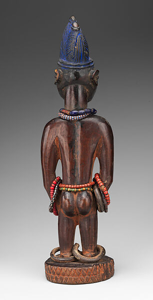Twin Figure: Male (Ibeji), Oyo-Yoruba artist, Wood, camwood powder, blueing, beads, metal, Oyo-Yoruba peoples