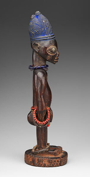 Twin Figure: Male (Ibeji), Oyo-Yoruba artist, Wood, camwood powder, blueing, beads, metal, Oyo-Yoruba peoples