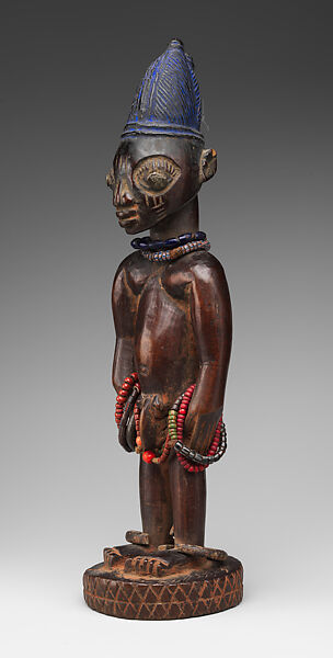 Twin Figure: Male (Ibeji), Oyo-Yoruba artist, Wood, camwood powder, blueing, beads, metal, Oyo-Yoruba peoples