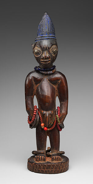 Twin Figure: Male (Ibeji), Wood, camwood powder, blueing, beads, metal, Yoruba peoples, Oyo group 