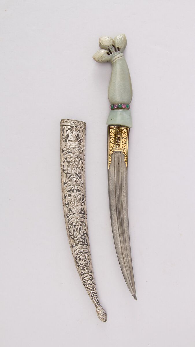 Knife with Sheath, Steel, jade, silver, emerald, ruby, gold, Hilt, Indian, Mughal; blade, Turkish 