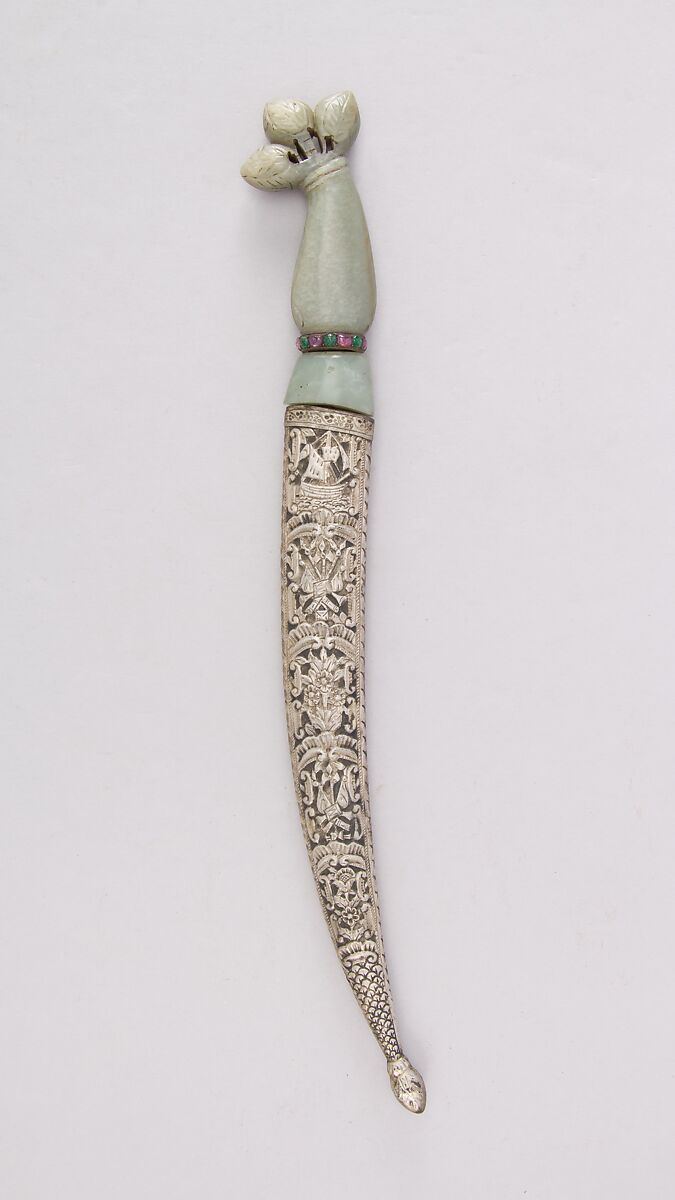 Knife with Sheath, Steel, jade, silver, emerald, ruby, gold, Hilt, Indian, Mughal; blade, Turkish