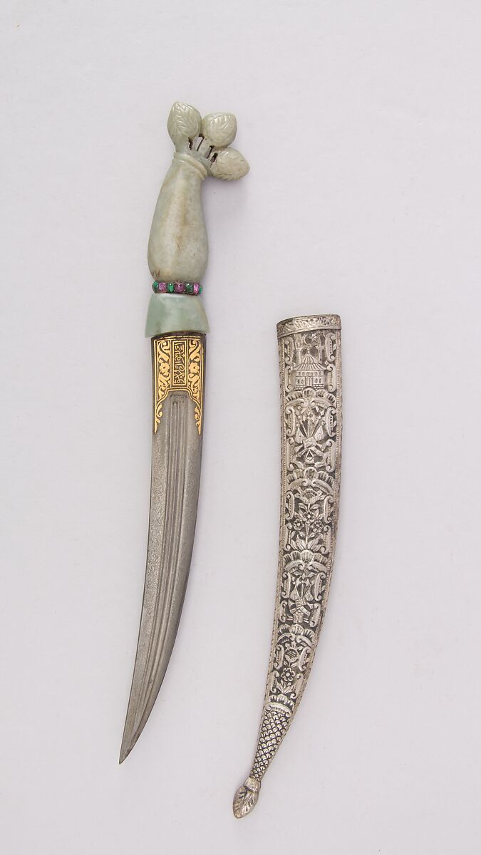 Knife with Sheath, Steel, jade, silver, emerald, ruby, gold, Hilt, Indian, Mughal; blade, Turkish