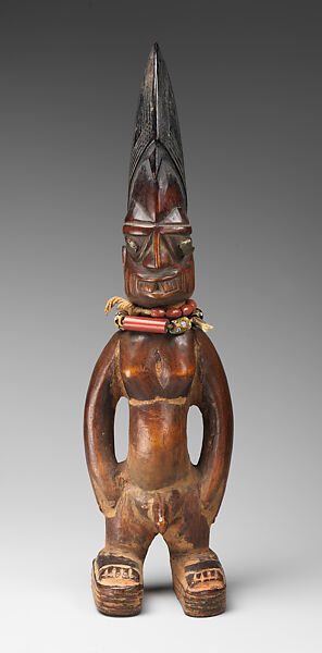 Twin Figure: Male (Ibeji), Wood, beads, metal, camwood powder, indigo, Yoruba peoples, Igbomina group 