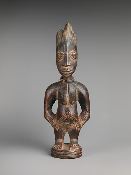 Twin Figure: Female (Ibeji), Workshop of Ibuke Compound, Wood, beads, camwood powder, Yoruba peoples, Oyo group