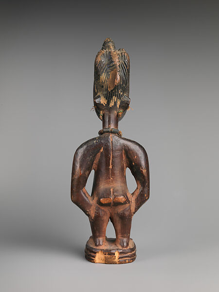Twin Figure: Female (Ibeji), Workshop of Ibuke Compound, Wood, beads, camwood powder, Yoruba peoples, Oyo group