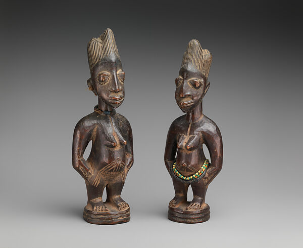 Twin Figure: Female (Ibeji), Workshop of Ibuke Compound, Wood, beads, camwood powder, Yoruba peoples, Oyo group