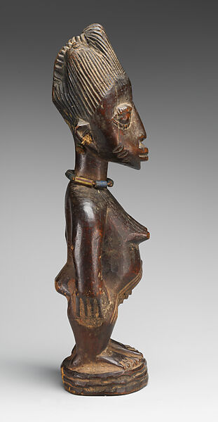 Twin Figure: Female (Ibeji), Workshop of Ibuke Compound, Wood, beads, camwood powder, Yoruba peoples, Oyo group