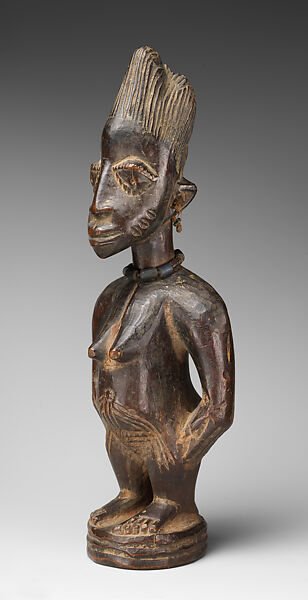 Twin Figure: Female (Ibeji), Workshop of Ibuke Compound, Wood, beads, camwood powder, Yoruba peoples, Oyo group