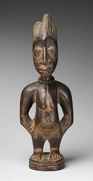 Twin Figure: Female (Ibeji), Workshop of Ibuke Compound, Wood, beads, camwood powder, Yoruba peoples, Oyo group 