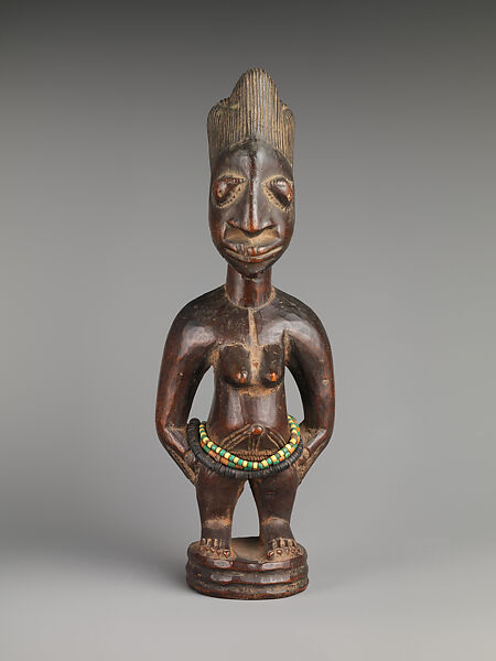 Twin Figure: Female (Ibeji), Workshop of Ibuke Compound, Wood, beads, camwood powder, Oyo-Yoruba peoples