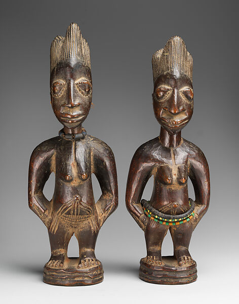 Twin Figure: Female (Ibeji), Workshop of Ibuke Compound, Wood, beads, camwood powder, Oyo-Yoruba peoples