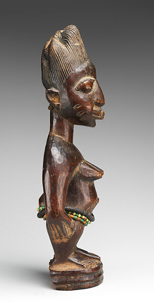 Twin Figure: Female (Ibeji), Workshop of Ibuke Compound, Wood, beads, camwood powder, Oyo-Yoruba peoples