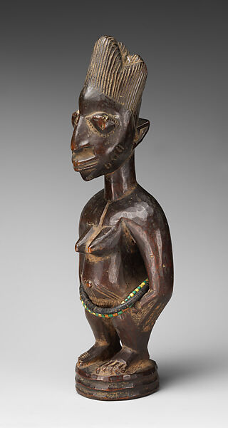 Twin Figure: Female (Ibeji), Workshop of Ibuke Compound, Wood, beads, camwood powder, Oyo-Yoruba peoples