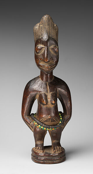 Twin Figure: Female (Ibeji), Workshop of Ibuke Compound, Wood, beads, camwood powder, Yoruba peoples, Oyo group 