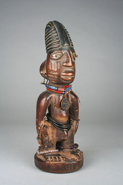 Twin Figure: Male (Ibeji), Wood, beads, camwood powder, Yoruba peoples, Oyo group 