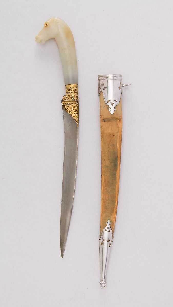 Knife (Kard) with Sheath, Steel, nephrite, silver, gold, ruby, velvet, wood, Indian, Mughal 