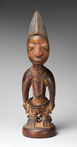 Twin Figure: Male (Ibeji), Wood, camwood powder, beads, blueing, indigo, Yoruba peoples 