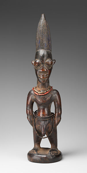 Twin Figure: Male (Ibeji), Wood, camwood powder, beads, blueing, Yoruba peoples 