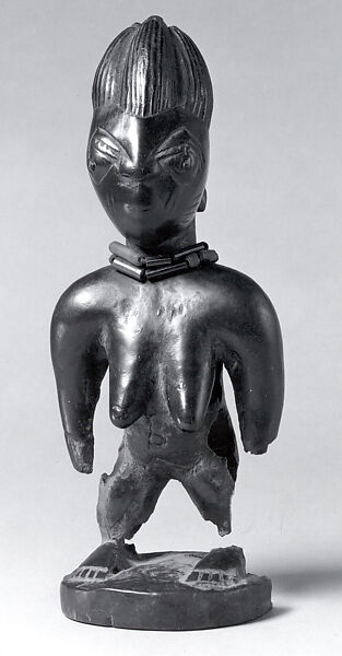 Twin Figure: Female (Ibeji), Wood, camwood powder, beads, nails, indigo, Yoruba peoples, Oyo group 