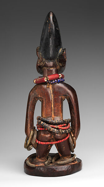 Twin Figure: Female (Ibeji), Yoruba artist, Wood, camwood powder, beads, metal, blueing, Yoruba peoples