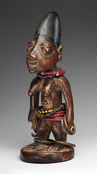 Twin Figure: Female (Ibeji), Yoruba artist, Wood, camwood powder, beads, metal, blueing, Yoruba peoples