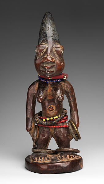 Twin Figure: Female (Ibeji), Wood, camwood powder, beads, metal, blueing, Yoruba peoples 