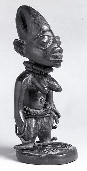 Twin Figure: Female (Ibeji), Yoruba artist, Wood, camwood powder, beads, metal, blueing, Yoruba peoples