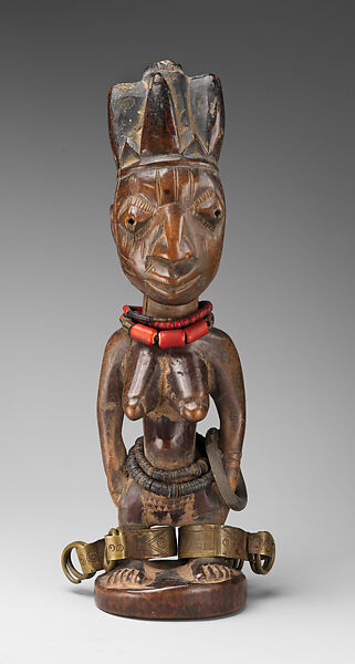 Twin Figure: Female (Ibeji), Wood, camwood powder, beads, brass, metal, indigo, Yoruba peoples 