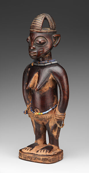 Twin Figure: Female (Ibeji), Yoruba artist, Wood, camwood powder, beads, thread, Yoruba peoples