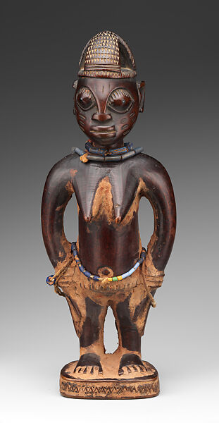 Twin Figure: Female (Ibeji), Wood, camwood powder, beads, thread, Yoruba peoples 